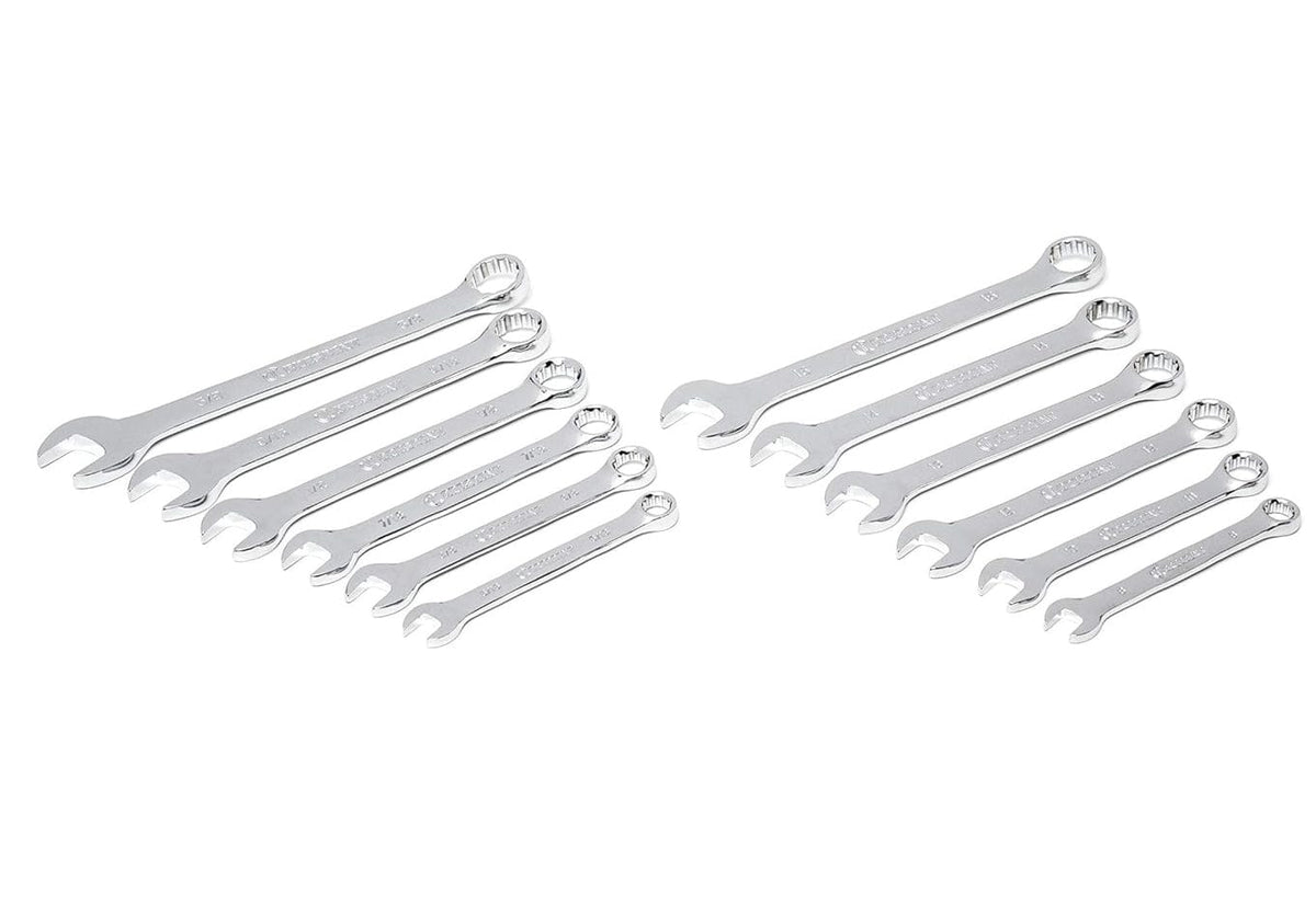 An organized layout of Crescent combination wrenches in both SAE and metric sizes, featuring long beams and narrow heads for superior access in confined engine compartments.