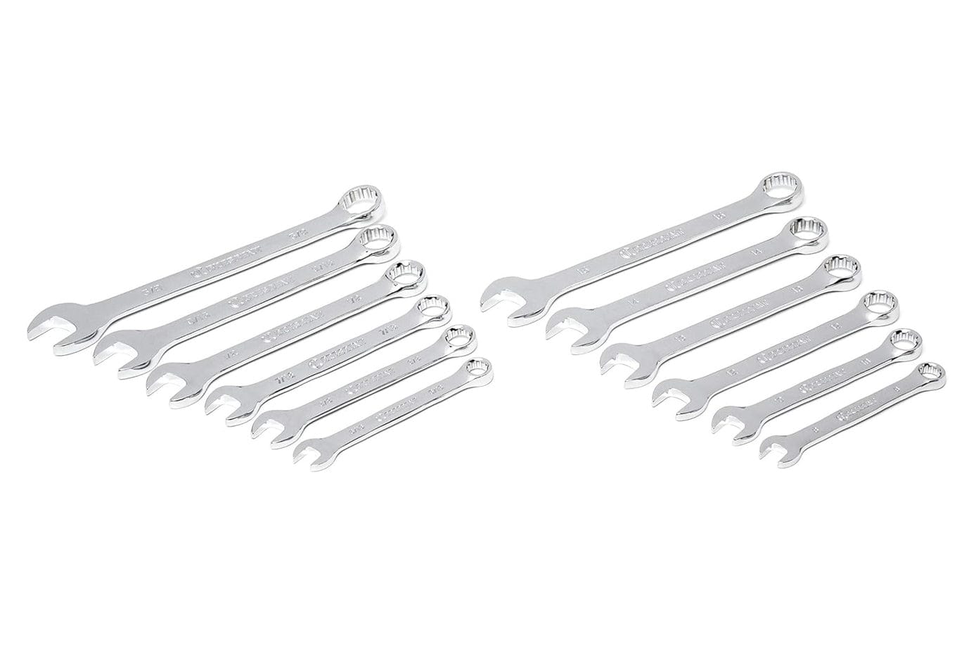 An organized layout of Crescent combination wrenches in both SAE and metric sizes, featuring long beams and narrow heads for superior access in confined engine compartments.