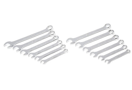 An organized layout of Crescent combination wrenches in both SAE and metric sizes, featuring long beams and narrow heads for superior access in confined engine compartments.