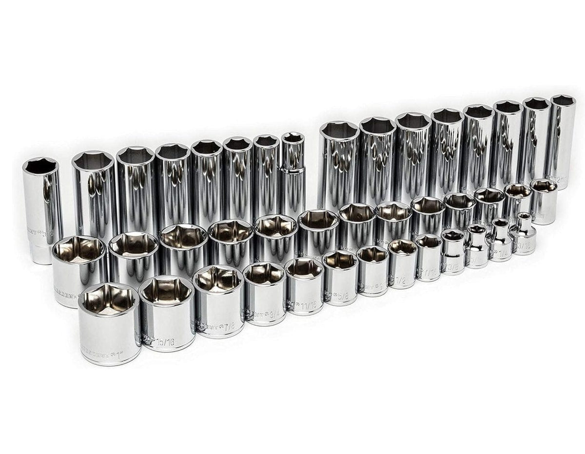 A multi-row display of Crescent 3/8-inch drive shallow and deep 6-point sockets in full polish chrome, showcasing the off-corner loading design that prevents fastener rounding.