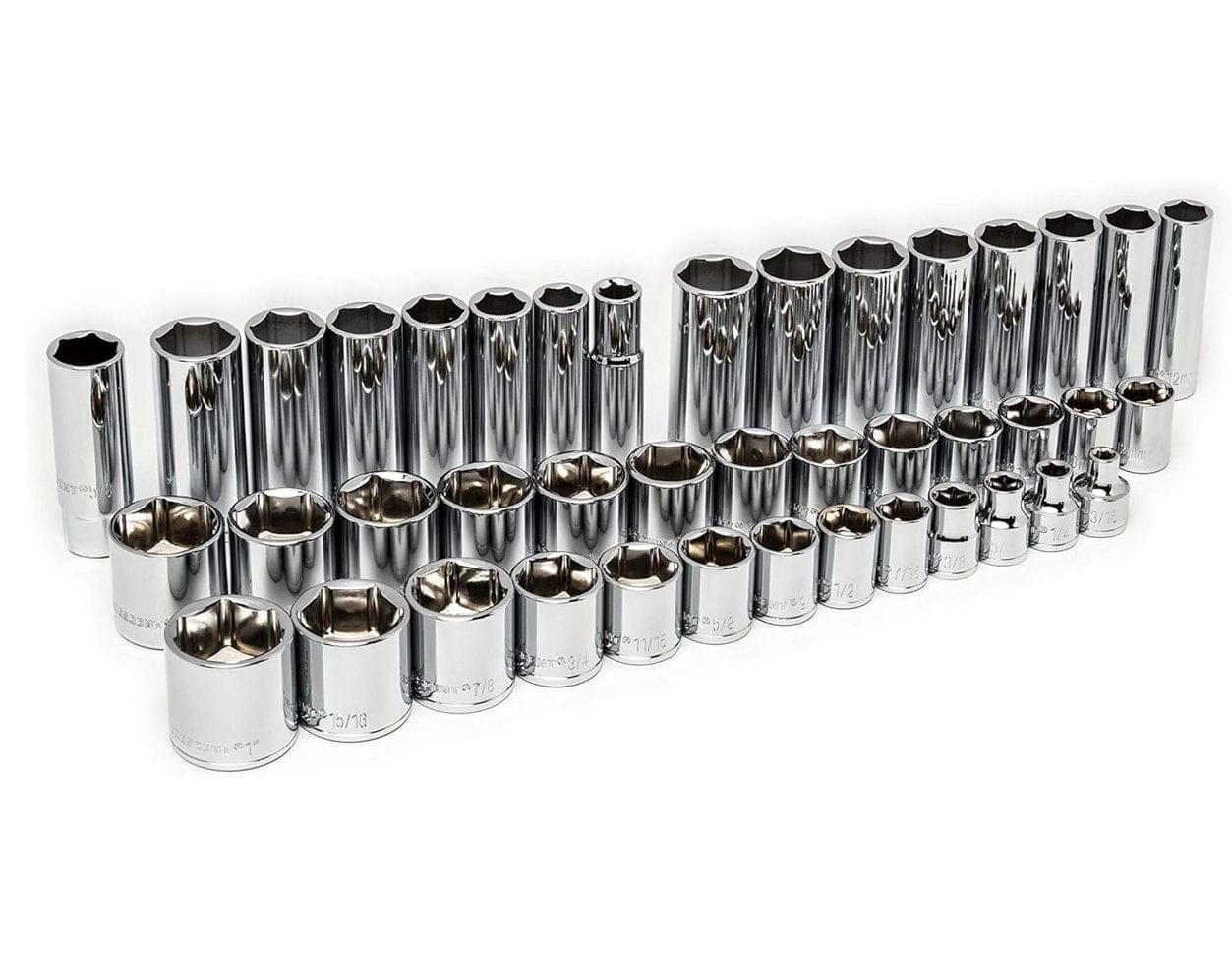 A multi-row display of Crescent 3/8-inch drive shallow and deep 6-point sockets in full polish chrome, showcasing the off-corner loading design that prevents fastener rounding.