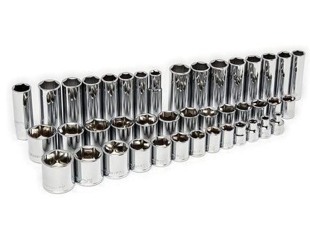 A multi-row display of Crescent 3/8-inch drive shallow and deep 6-point sockets in full polish chrome, showcasing the off-corner loading design that prevents fastener rounding.