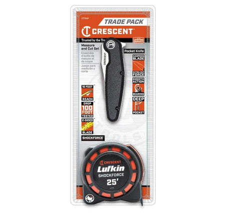 A Crescent CTTKAP Shockforce Measure and Cut Set in its original retail trade pack packaging, including a 16-foot reach tape measure and a heavy-duty ball-bearing pocket utility knife with a harpoon blade.