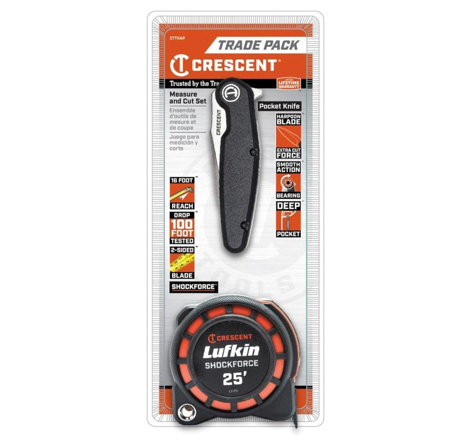 A Crescent CTTKAP Shockforce Measure and Cut Set in its original retail trade pack packaging, including a 16-foot reach tape measure and a heavy-duty ball-bearing pocket utility knife with a harpoon blade.