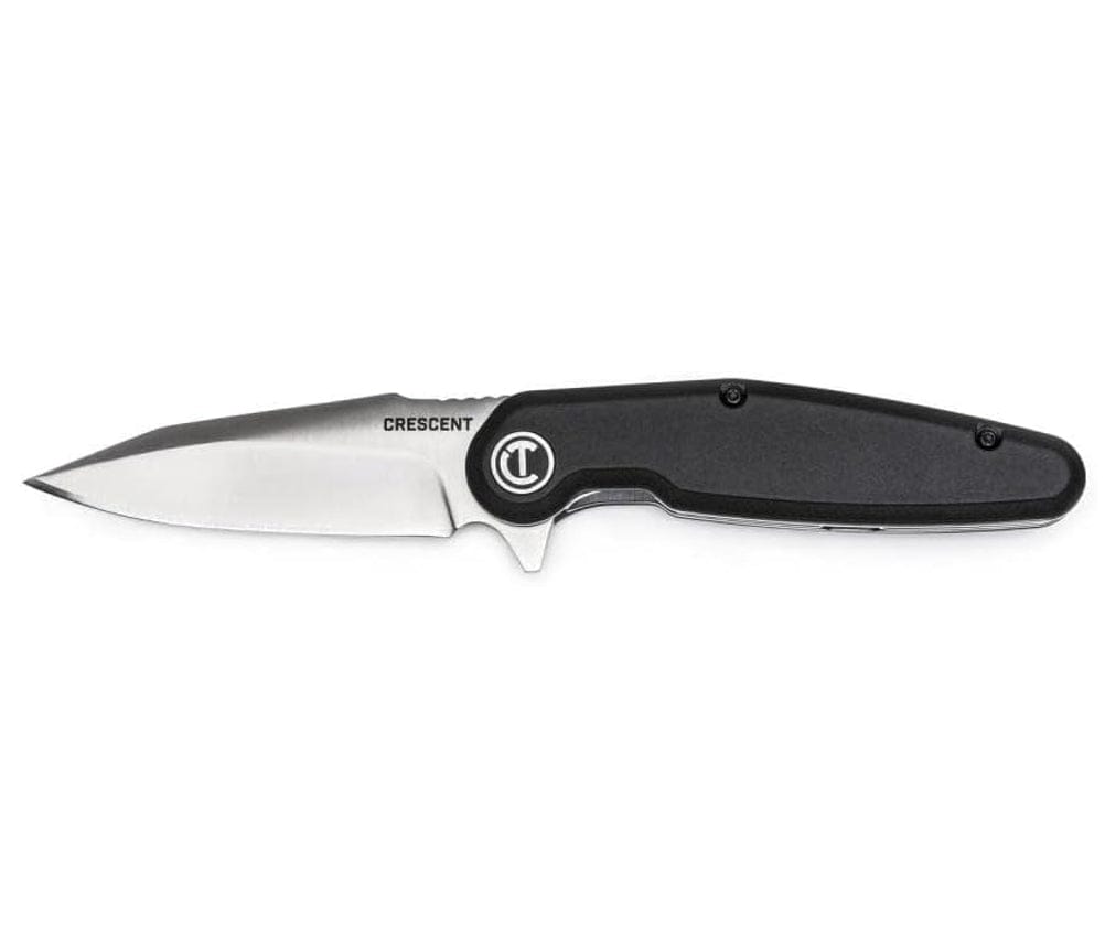 Side profile view of the Crescent professional pocket knife from the measure and cut set, featuring a sleek black handle with the white Crescent logo and a sharp stainless steel harpoon blade.