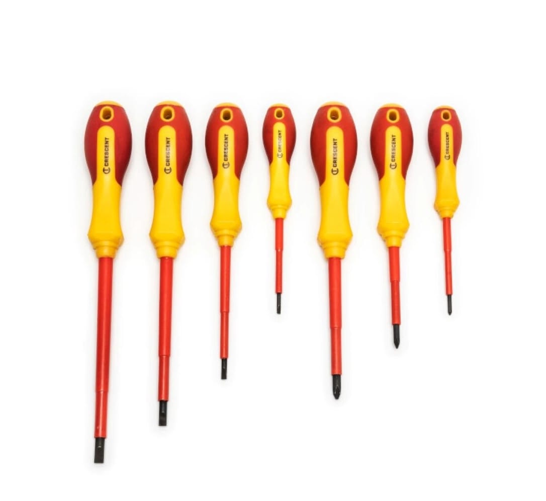 A full set view of the Crescent CTVDESDS 7-piece VDE insulated screwdriver set featuring three Phillips and four slotted drivers with ergonomic red and yellow safety handles.