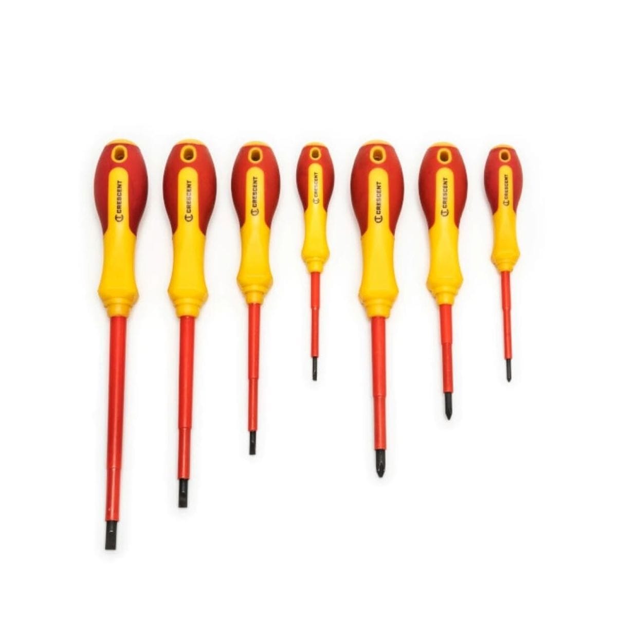 A full set view of the Crescent CTVDESDS 7-piece VDE insulated screwdriver set featuring three Phillips and four slotted drivers with ergonomic red and yellow safety handles.