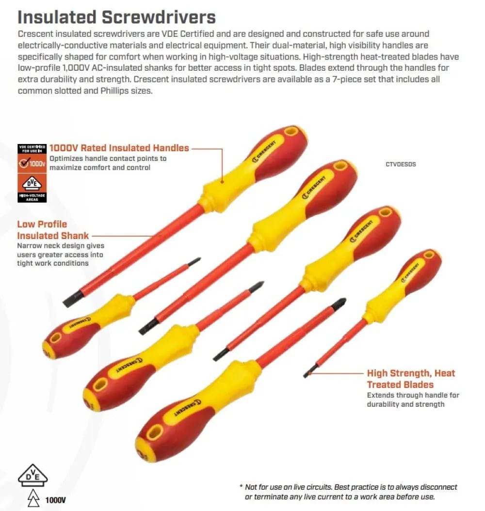 An infographic detailing the professional features of the Crescent insulated screwdriver set, highlighting the 1000V VDE insulation, heat-treated alloy steel construction, precision black oxide tips, and comfort grip handles.