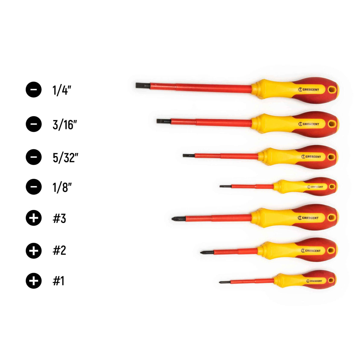 Size guide for the Crescent 7-piece insulated screwdriver set showing four slotted sizes and three Phillips sizes.