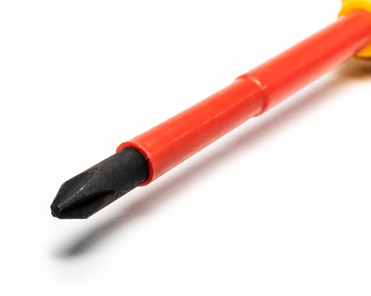Close up of a Phillips electrical hand tool from the Crescent set showing the heat treated black oxide tip and low-profile insulated shank.