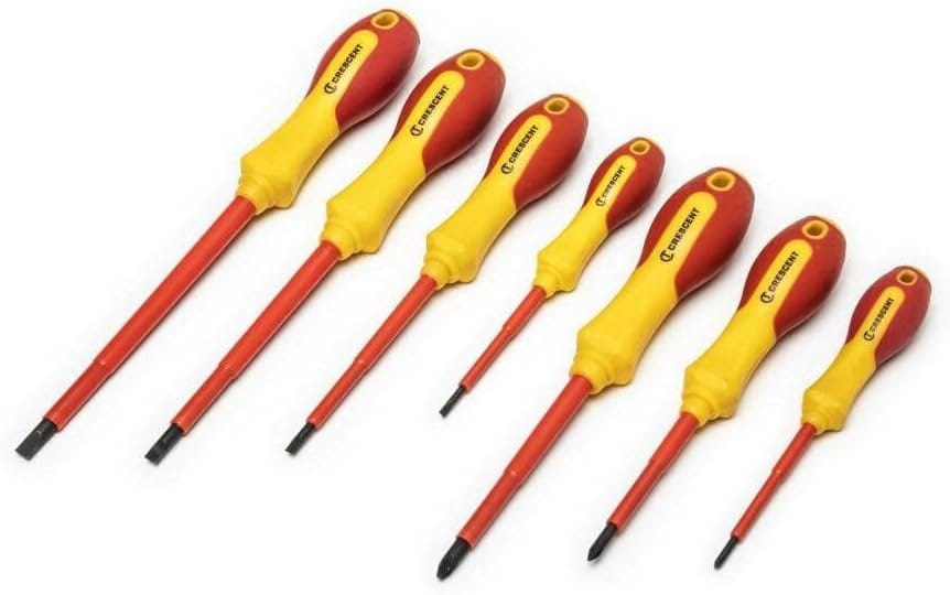 Angled layout of the Crescent CTVDESDS 7-piece VDE insulated screwdriver set showcasing the ergonomic high-visibility red and yellow handles.