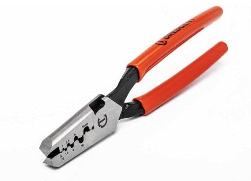 Angled view of the Crescent CTWIREC 8-inch wire crimper with jaws closed, showing the orange grips and laser-etched markings on the head.