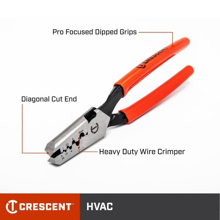Marketing image of the Crescent wire crimper with callouts identifying its features: Pro Focused Dipped Grips, Diagonal Cut End, and Heavy Duty Wire Crimper.