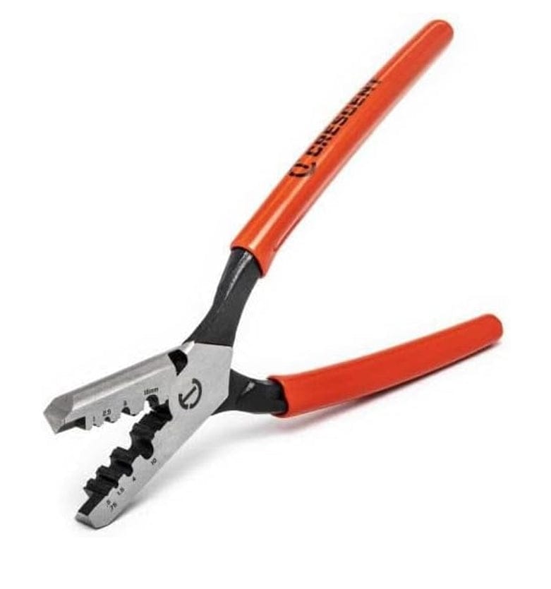 Angled view of the Crescent CTWIREC 8-inch wire crimper with the jaws open, ready for use.