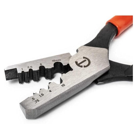 A close-up of the open jaws of the Crescent wire crimper, detailing the different crimping positions and size markings.