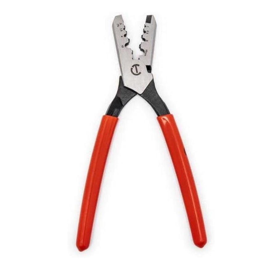 Full, top-down view of the Crescent CTWIREC wire crimper with the jaws and handles slightly open.