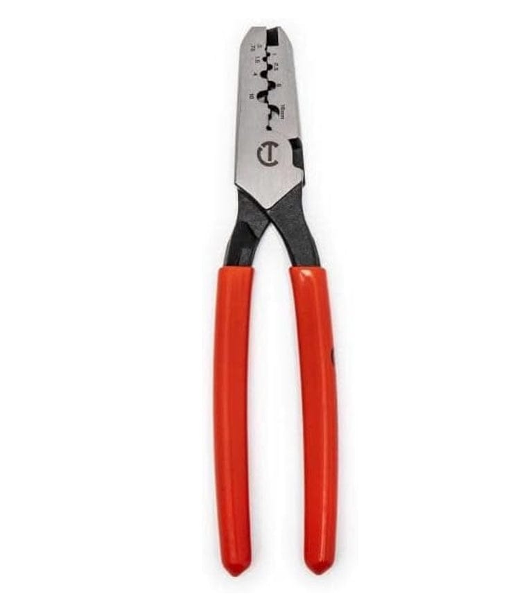 Top-down view of the Crescent CTWIREC wire crimper with jaws closed and handles parallel.