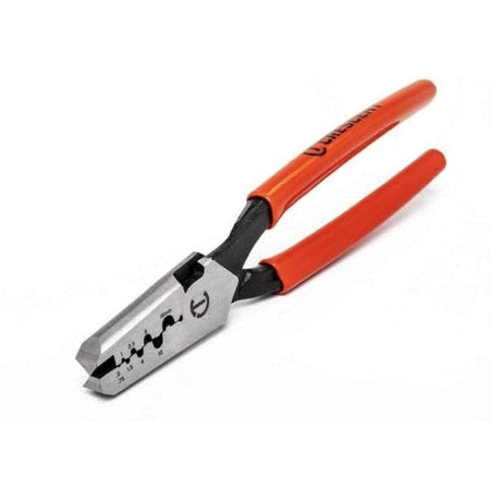 Angled view of the Crescent CTWIREC 8-inch wire crimper with jaws closed, showing the orange grips and laser-etched markings on the head.