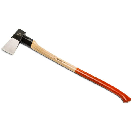 A profile view of the Crescent 5 lb. wood chopping axe, featuring a 36-inch genuine Grade A hickory handle with a high-visibility rawhide orange grip and a forged steel head.