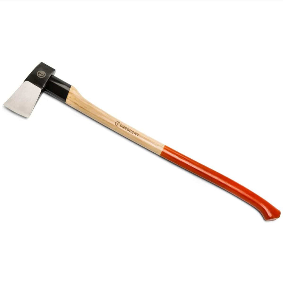 A profile view of the Crescent 5 lb. wood chopping axe, featuring a 36-inch genuine Grade A hickory handle with a high-visibility rawhide orange grip and a forged steel head.