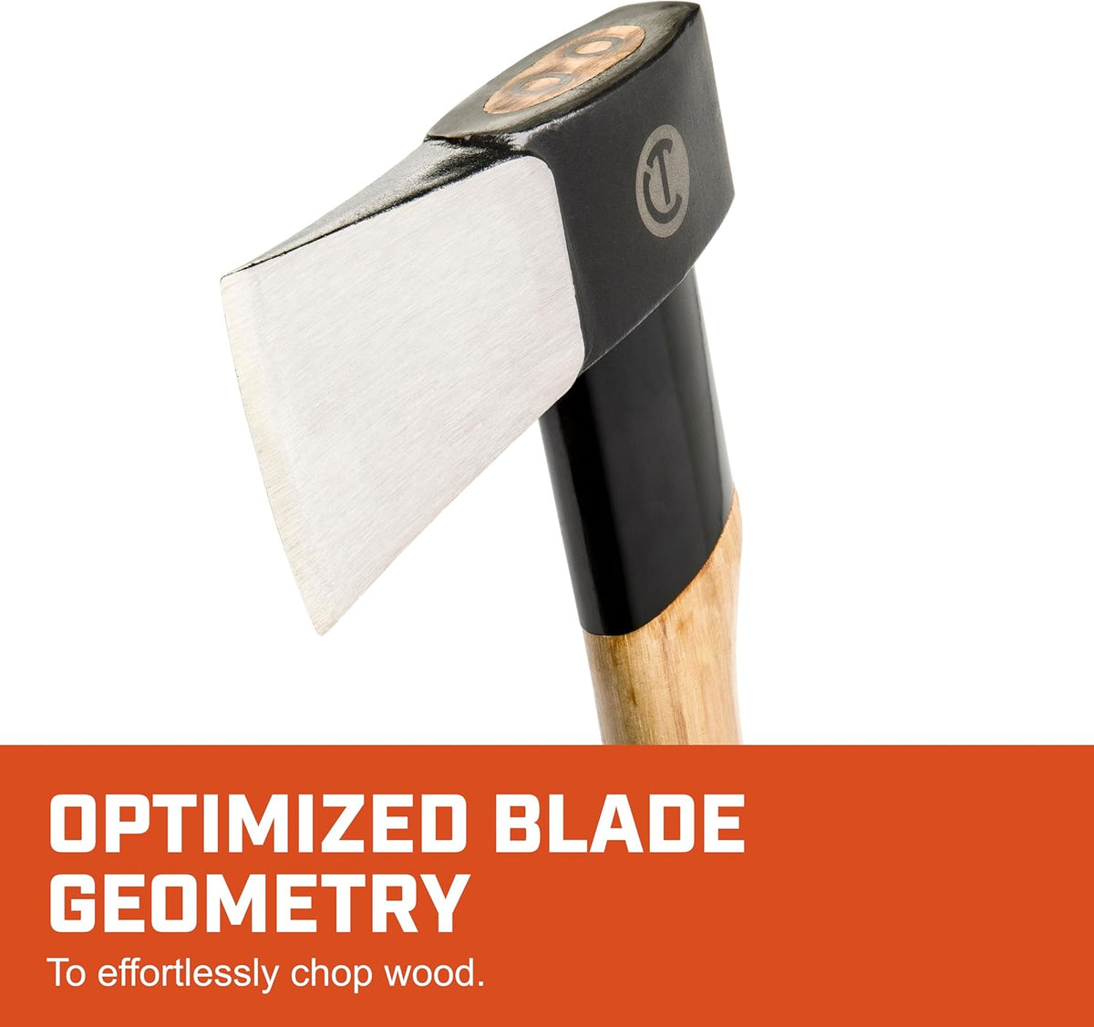 A close-up technical shot of the forged steel axe head, highlighting the optimized blade geometry designed to effortlessly chop through wood with maximum efficiency.
