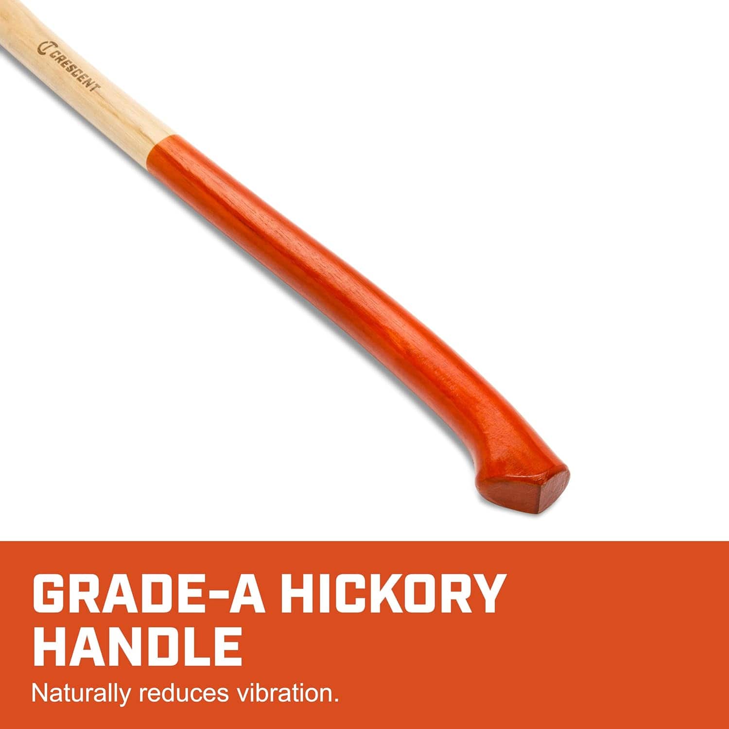 A detailed view of the Grade A hickory handle, emphasizing the natural wood grain construction that provides superior vibration reduction and ergonomic user comfort.