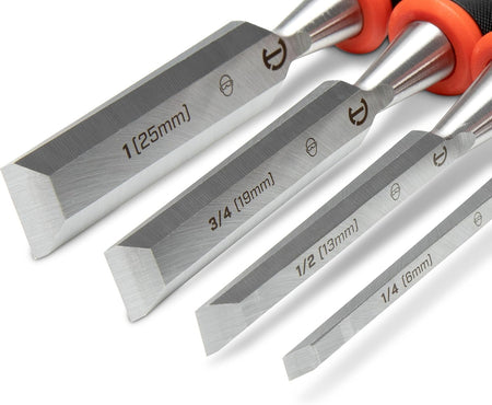 A close-up photograph focusing on the precision-ground carbon steel blades of the Crescent wood chisel set. The etched size markings of 1 inch (25mm), 3/4 inch (19mm), 1/2 inch (13mm), and 1/4 inch (6mm) are clearly visible on the corrosion-resistant metal surfaces.