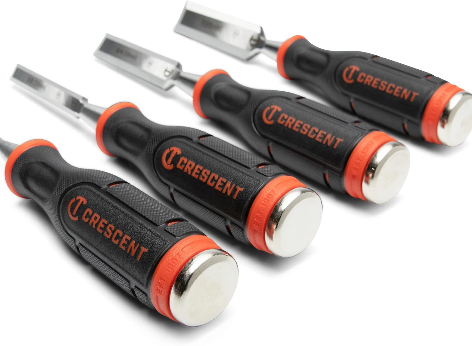 A rear perspective view of the Crescent chisel handles, highlighting the oversized steel strike caps. The image emphasizes the full metal core construction and the "EST. 1907" branding on the orange caps, designed to withstand heavy hammer strikes without mushrooming.