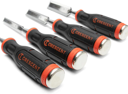 A rear perspective view of the Crescent chisel handles, highlighting the oversized steel strike caps. The image emphasizes the full metal core construction and the "EST. 1907" branding on the orange caps, designed to withstand heavy hammer strikes without mushrooming.