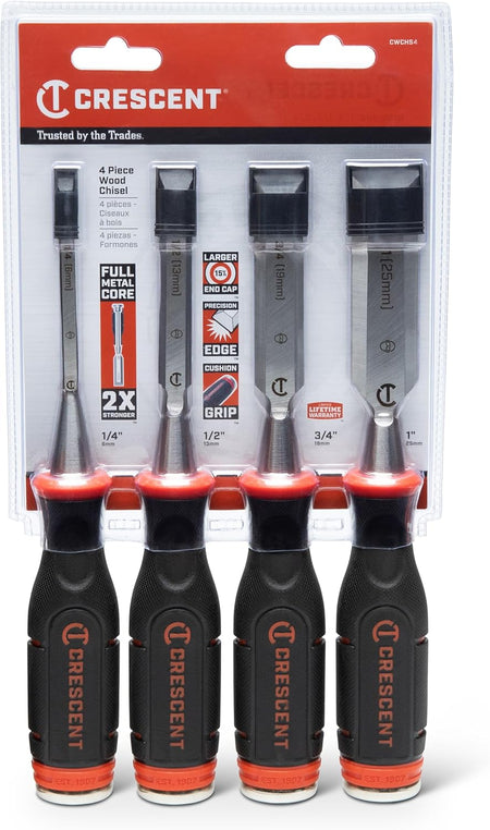 The Crescent CWCHS4 4-piece wood chisel set in its original retail blister pack. The packaging highlights key features such as the full metal core, being 2X stronger, the larger end cap, precision edges, and the ergonomic cushion grip, along with the limited lifetime warranty.