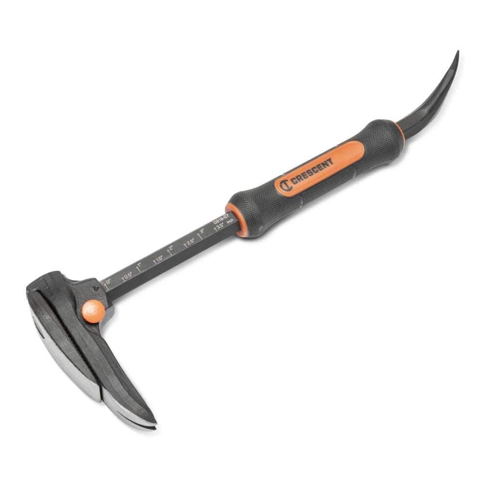 Angled studio shot of the Crescent 16-inch adjustable pry bar, displaying the black steel body, orange and black textured grip, and white measurement markings on the adjustable shaft.