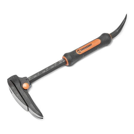 Angled studio shot of the Crescent 16-inch adjustable pry bar, displaying the black steel body, orange and black textured grip, and white measurement markings on the adjustable shaft.