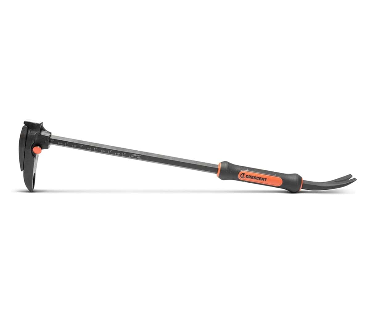 Full side profile view of the Crescent DB24-07 24-inch adjustable pry bar with nail puller, showcasing the heavy-duty forged steel adjustable clamping head and ergonomic dual-material grip.