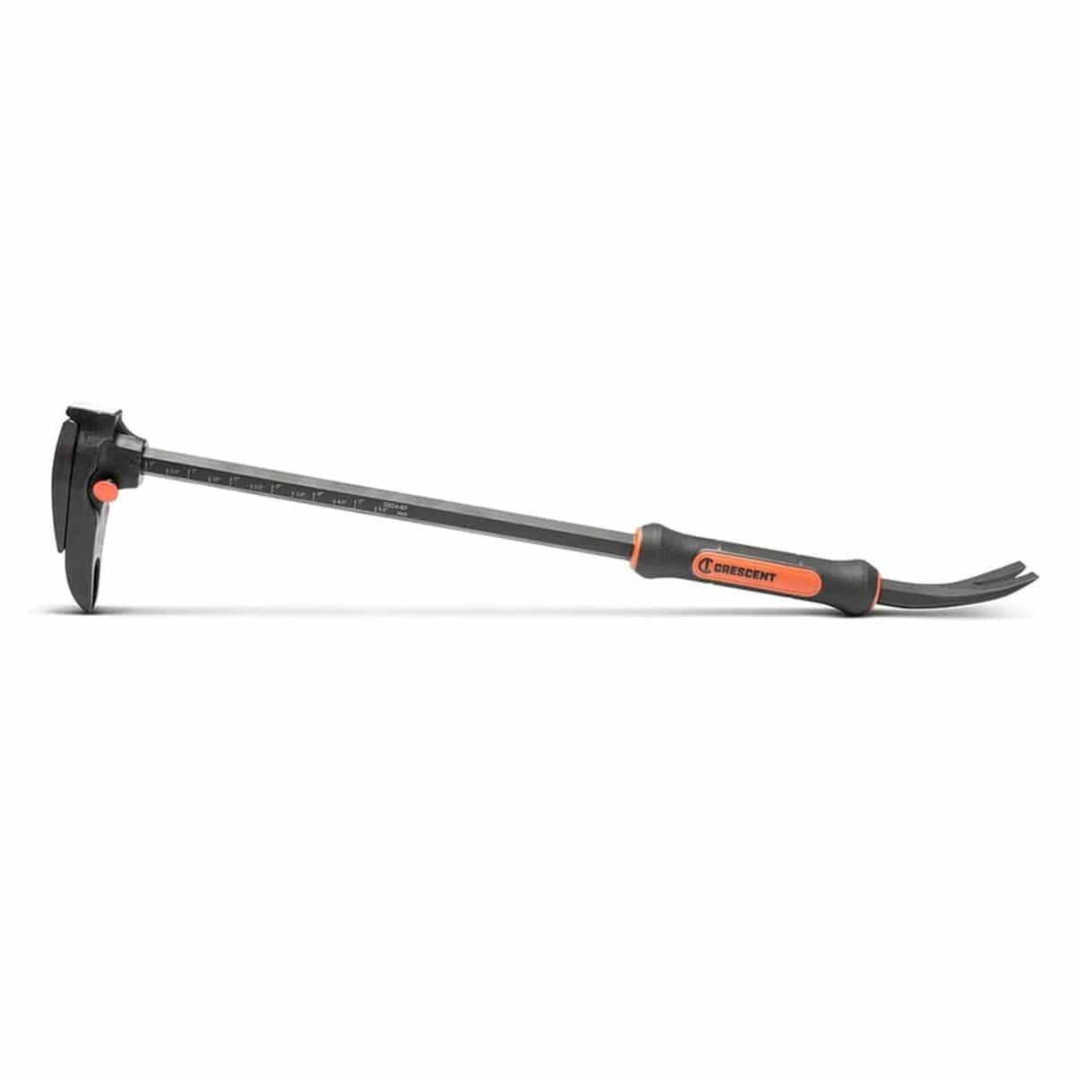 Full side profile view of the Crescent DB24-07 24-inch adjustable pry bar with nail puller, showcasing the heavy-duty forged steel adjustable clamping head and ergonomic dual-material grip.