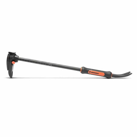 Full side profile view of the Crescent DB24-07 24-inch adjustable pry bar with nail puller, showcasing the heavy-duty forged steel adjustable clamping head and ergonomic dual-material grip.