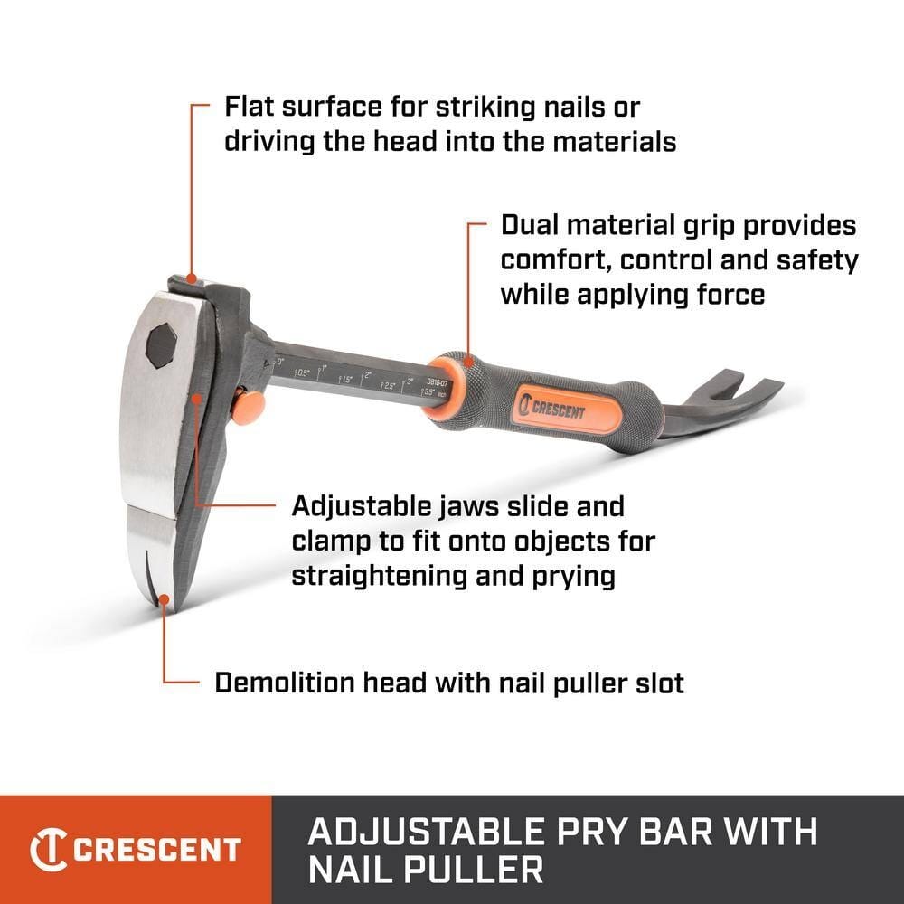 Infographic detailing the key features of the Crescent 24-inch adjustable pry bar, highlighting the flat striking surface, dual material grip, adjustable sliding jaws, and demolition head with nail puller slot.
