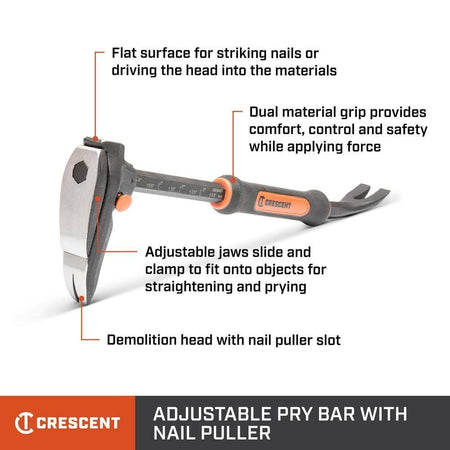 Infographic detailing the key features of the Crescent 24-inch adjustable pry bar, highlighting the flat striking surface, dual material grip, adjustable sliding jaws, and demolition head with nail puller slot.