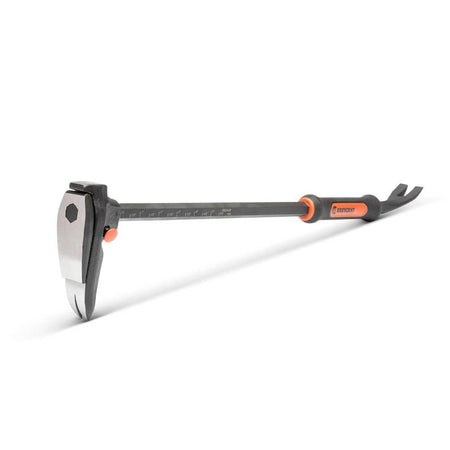 Angled close up view of the Crescent DB24-07 24-inch heavy duty adjustable pry bar resting on its forged steel demolition head, emphasizing the striking face and the adjustable jaw mechanism.