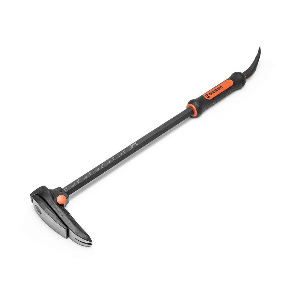 Angled view from the handle of the Crescent adjustable pry bar demolition hand tool, featuring the curved prying tip, shock-absorbing grip, and indexed heavy duty steel shaft.