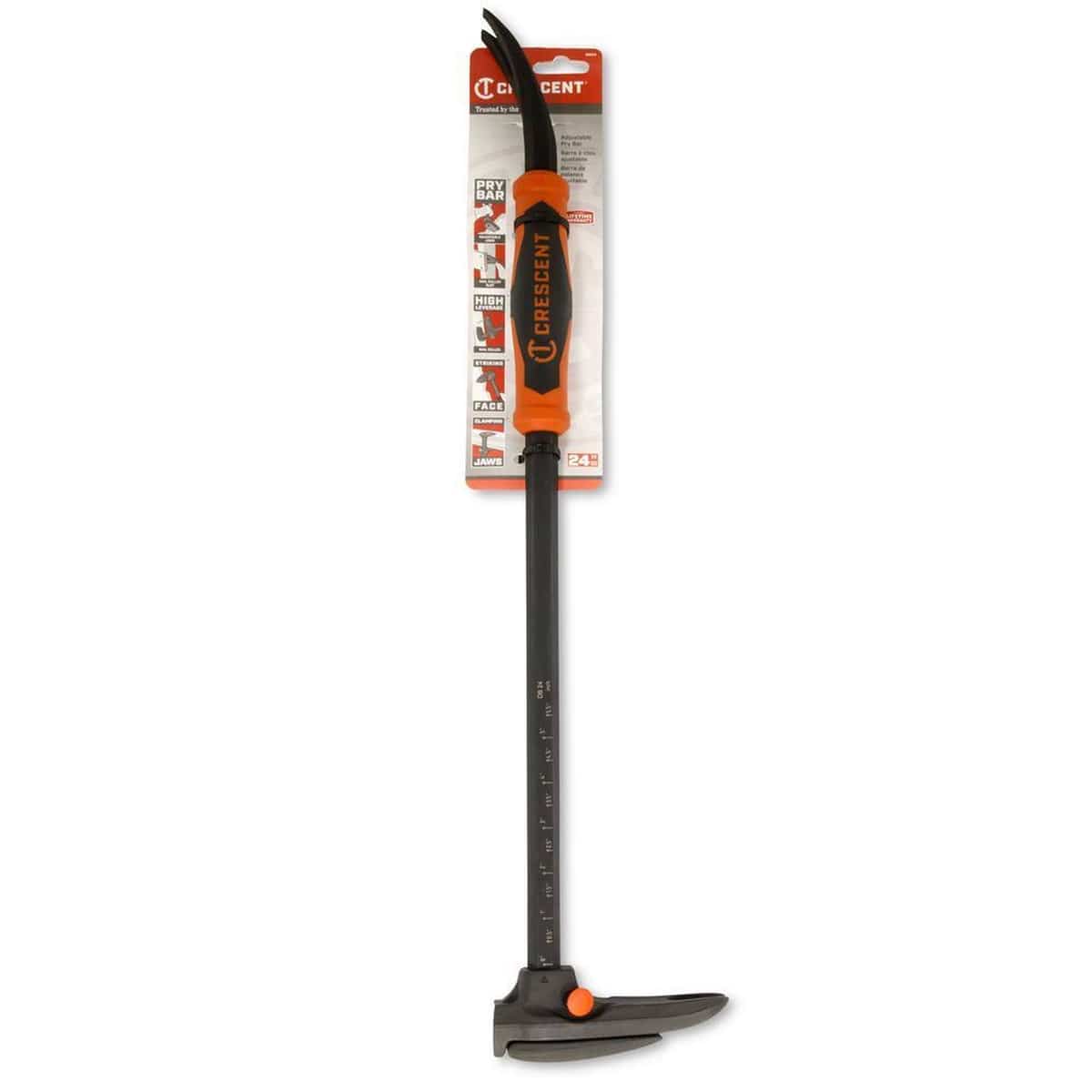 The Crescent DB24-07 24-inch adjustable pry bar and nail puller displayed in its original retail carded packaging, highlighting its high leverage and clamping jaw features for renovation projects.