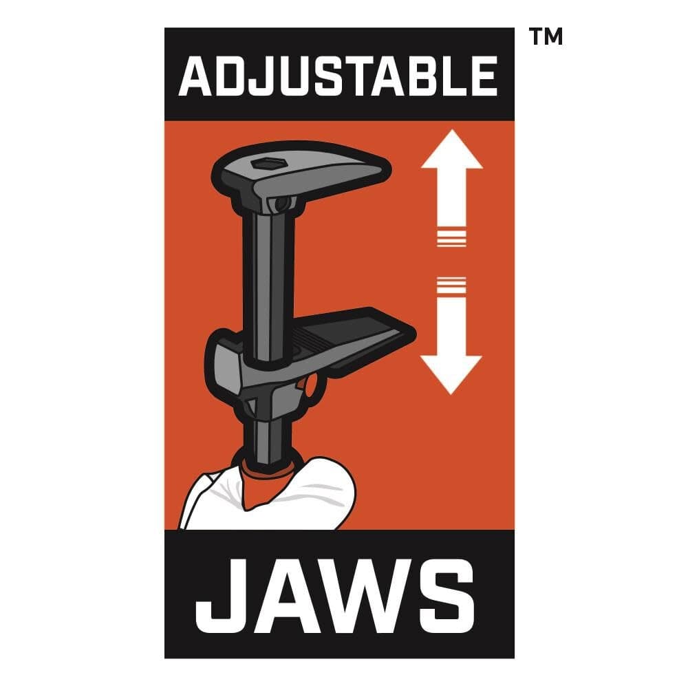 Graphic illustration demonstrating the adjustable jaws feature of the Crescent demolition hand tool, with arrows indicating the up and down sliding motion of the mechanism on the steel shaft.