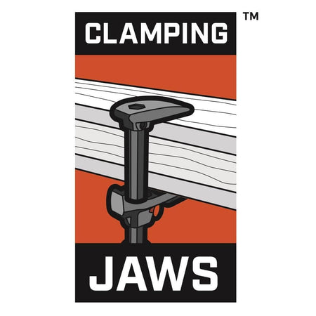 Clamping jaws graphic illustrating the Crescent 24-inch adjustable pry bar securely locked onto a piece of lumber, demonstrating its ability to clamp objects for heavy duty straightening and prying.