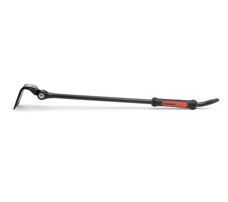 Full profile view of the Crescent DB30X-06 30-inch indexing flat pry bar showcasing the black forged steel shaft, orange and black ergonomic grip, and adjustable swivel head.