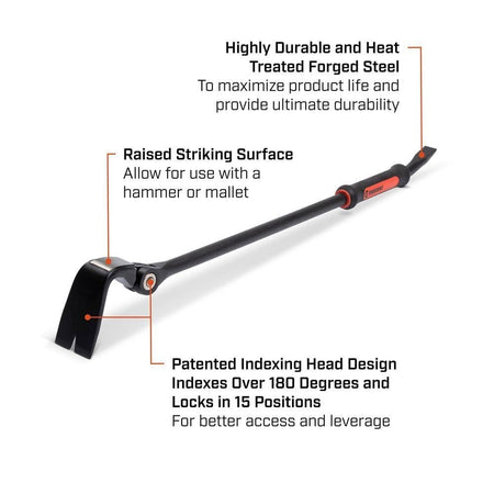 Infographic detailing the features of the Crescent 30-inch indexing pry bar, including the heat-treated forged steel construction, raised striking surface for hammers, and the patented 180-degree 15-position indexing head.