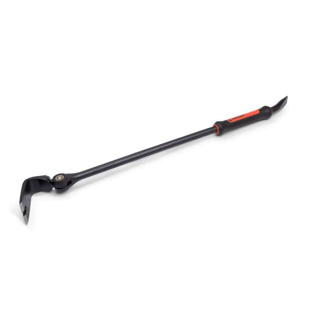 Angled studio shot of the Crescent DB30X-06 indexing flat pry bar emphasizing the slim profile of the 30-inch shaft and the precision ground prying tip on the swivel head.