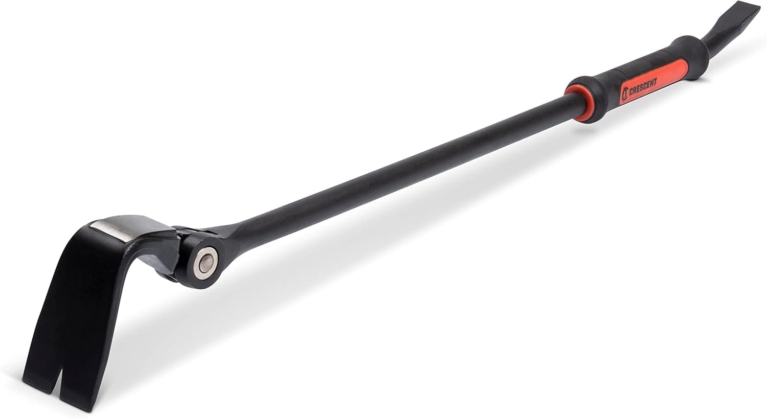 Close-up perspective of the Crescent 30-inch indexing pry bar focusing on the heavy-duty swivel joint and the polished hammer striking surface on the back of the head.