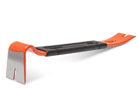 Studio product shot of the Crescent 13-inch flat pry bar, featuring a high-visibility orange finish, a black central cushion grip, and precision-ground prying ends with nail puller slots.