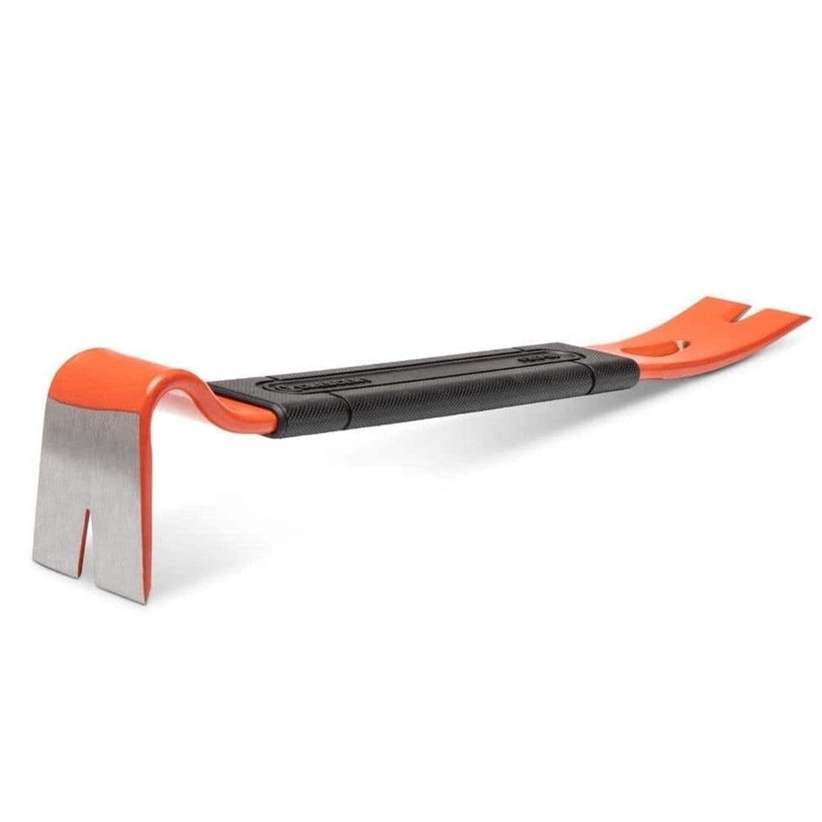 Studio product shot of the Crescent 13-inch flat pry bar, featuring a high-visibility orange finish, a black central cushion grip, and precision-ground prying ends with nail puller slots.