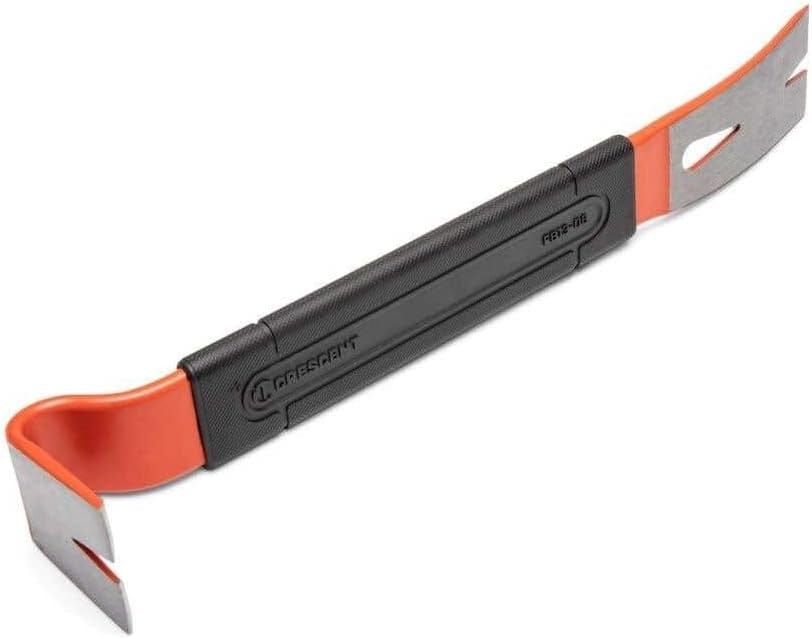 Angled rear view of the pry bar highlighting the black over-molded comfort grip with the Crescent logo and the slender, flat profile designed for tight spaces.