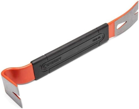 Angled rear view of the pry bar highlighting the black over-molded comfort grip with the Crescent logo and the slender, flat profile designed for tight spaces.